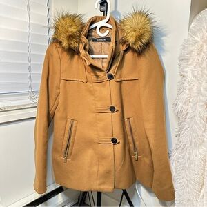Zara Brown Wool Like Jacket Faux Fur Hood Winter Coat Button Zipper Small Medium